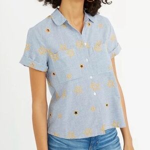 Madewell Stars & Stripes Embroidered Button-Up Shirt Size L Blue White Yellow